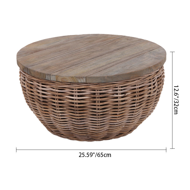 Traditional Vintage Round Rattan Coffee Table - Solid Wood: Hand-Woven, Rustic Charm, Durable Craftsmanship & Timeless Aesthetic For Living Room & Veranda Cuvalon