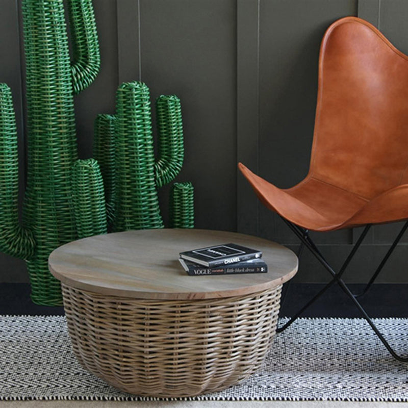 Traditional Vintage Round Rattan Coffee Table - Solid Wood: Hand-Woven, Rustic Charm, Durable Craftsmanship & Timeless Aesthetic For Living Room & Veranda Cuvalon