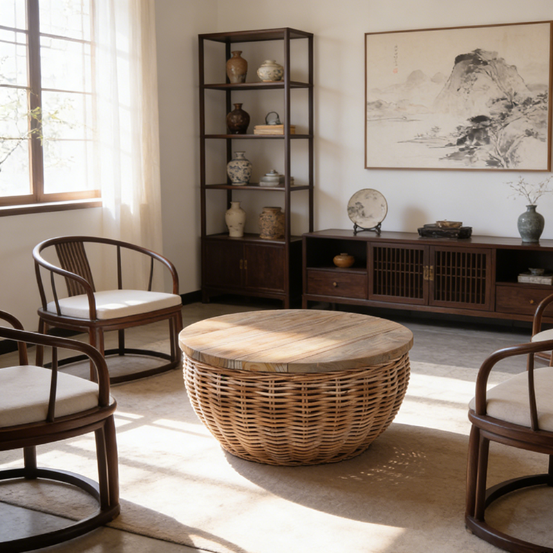 Traditional Vintage Round Rattan Coffee Table - Solid Wood: Hand-Woven, Rustic Charm, Durable Craftsmanship & Timeless Aesthetic For Living Room & Veranda Cuvalon
