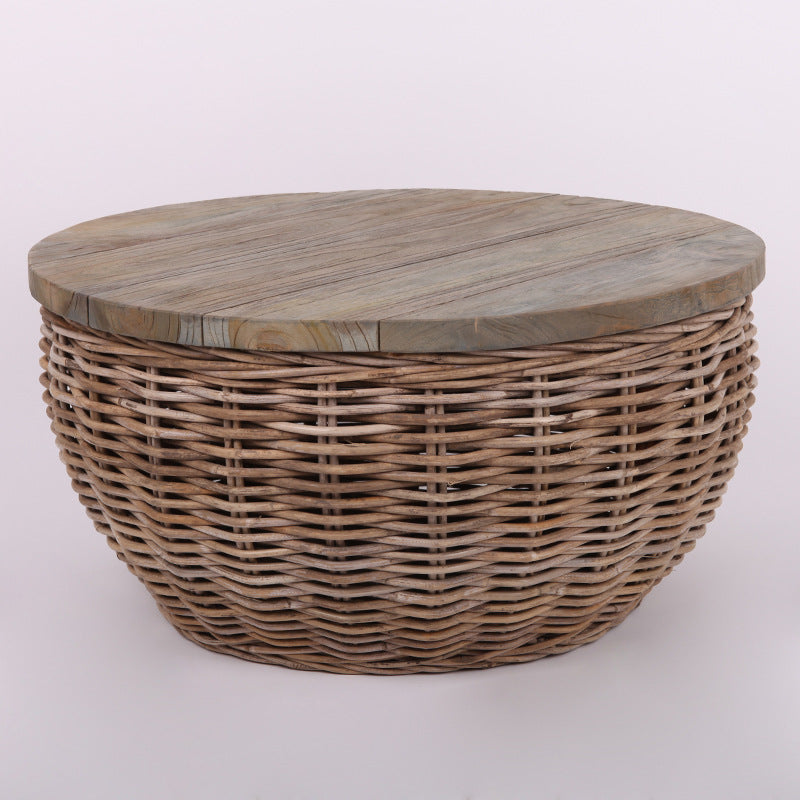 Traditional Vintage Round Rattan Coffee Table - Solid Wood: Hand-Woven, Rustic Charm, Durable Craftsmanship & Timeless Aesthetic For Living Room & Veranda Cuvalon