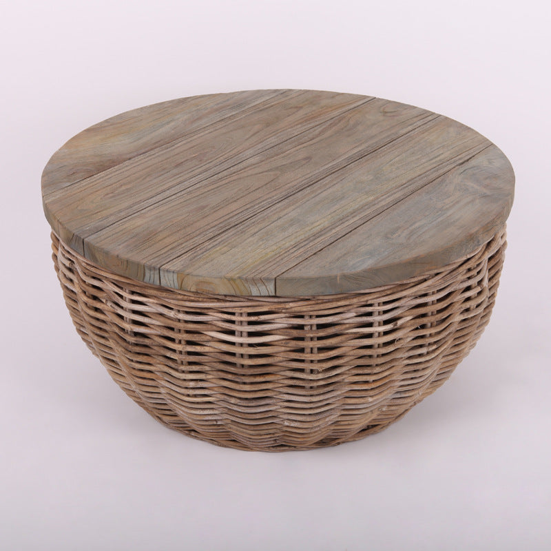 Traditional Vintage Round Rattan Coffee Table - Solid Wood: Hand-Woven, Rustic Charm, Durable Craftsmanship & Timeless Aesthetic For Living Room & Veranda Cuvalon