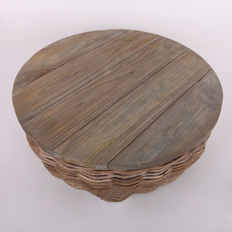 Traditional Vintage Round Rattan Coffee Table - Solid Wood: Hand-Woven, Rustic Charm, Durable Craftsmanship & Timeless Aesthetic For Living Room & Veranda Cuvalon