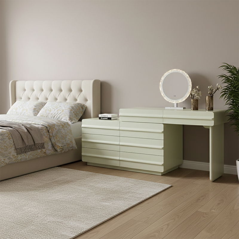 Space-saving Extendable Makeup Vanity - Nordic Matcha Green MDF Solid Wood Particle Board 6 Drawers Design For Bedroom Cuvalon
