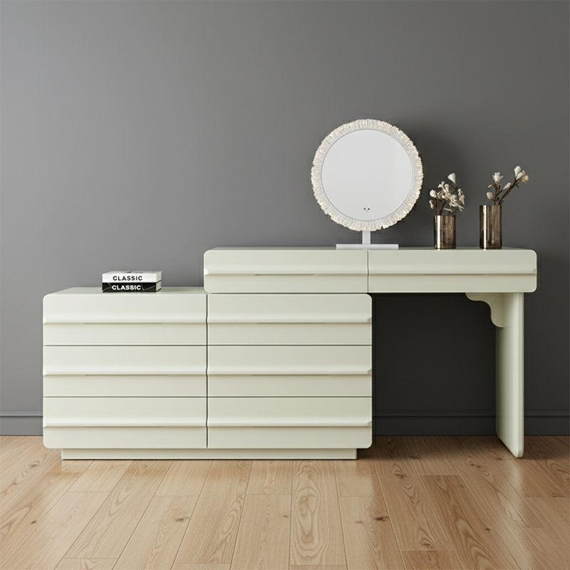Space-saving Extendable Makeup Vanity - Nordic Matcha Green MDF Solid Wood Particle Board 6 Drawers Design For Bedroom Cuvalon