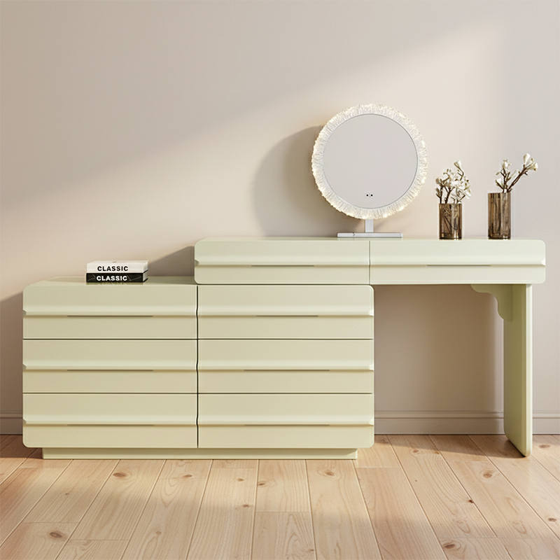 Space-saving Extendable Makeup Vanity - Nordic Matcha Green MDF Solid Wood Particle Board 6 Drawers Design For Bedroom Cuvalon