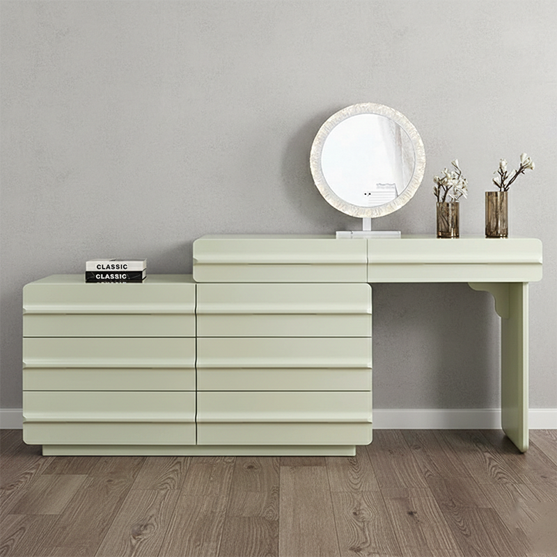 Space-saving Extendable Makeup Vanity - Nordic Matcha Green MDF Solid Wood Particle Board 6 Drawers Design For Bedroom Cuvalon