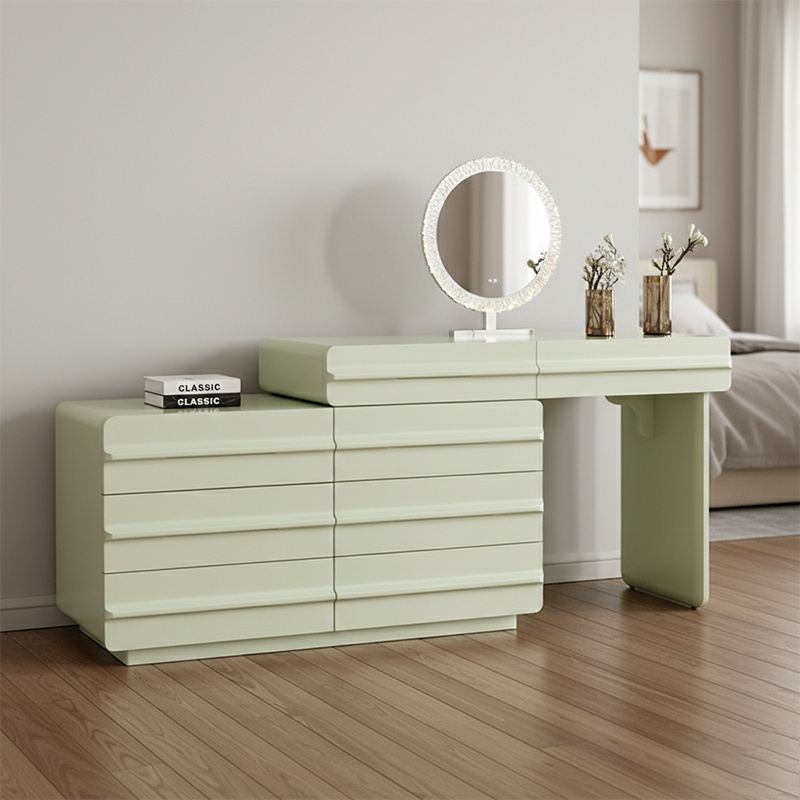 Space-saving Extendable Makeup Vanity - Nordic Matcha Green MDF Solid Wood Particle Board 6 Drawers Design For Bedroom Cuvalon