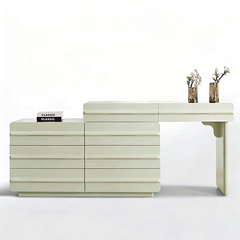 Space-saving Extendable Makeup Vanity - Nordic Matcha Green MDF Solid Wood Particle Board 6 Drawers Design For Bedroom Cuvalon