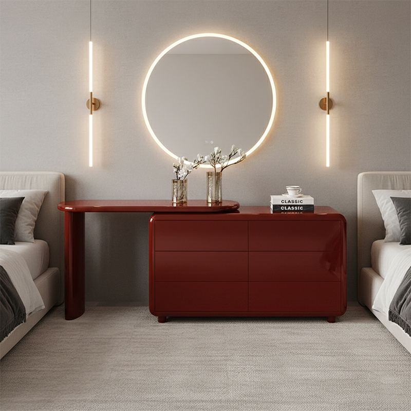 Stylish Red 6-Drawer Makeup Vanity - Nordic Design, Durable MDF & Solid Wood Particle Board For Bedroom Cuvalon
