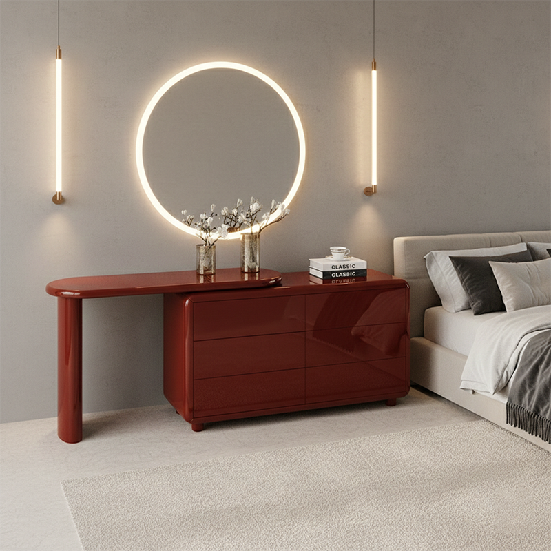Stylish Red 6-Drawer Makeup Vanity - Nordic Design, Durable MDF & Solid Wood Particle Board For Bedroom Cuvalon