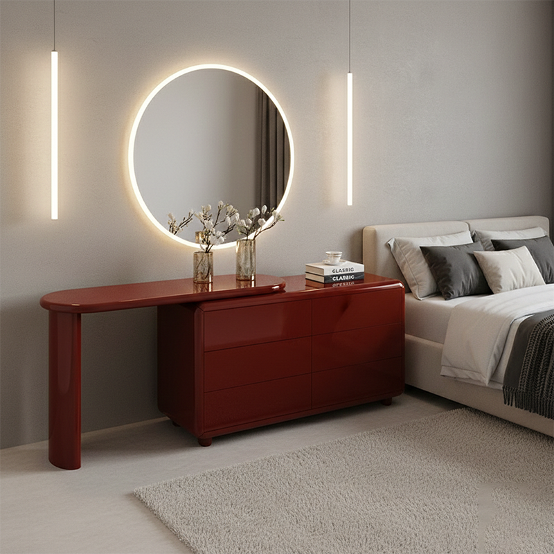 Stylish Red 6-Drawer Makeup Vanity - Nordic Design, Durable MDF & Solid Wood Particle Board For Bedroom Cuvalon