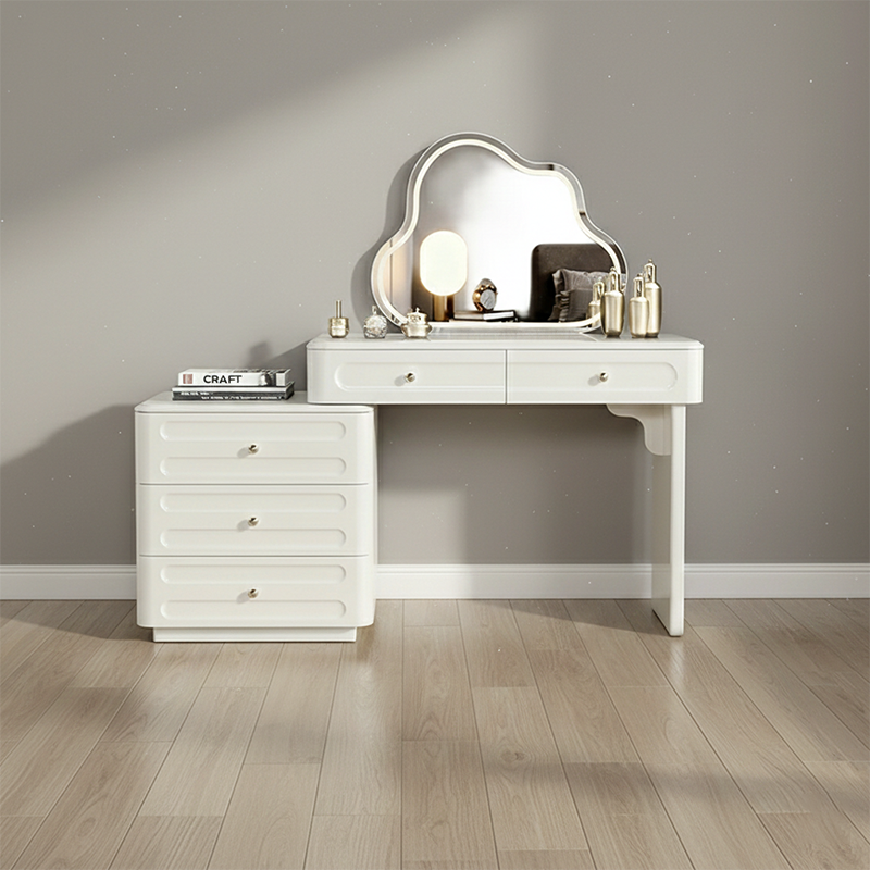 Adjustable & Sturdy Makeup Vanity - Nordic Style, White Sturdy MDF & Solid Wood Particle Board With 5 Drawers For Bedroom Cuvalon