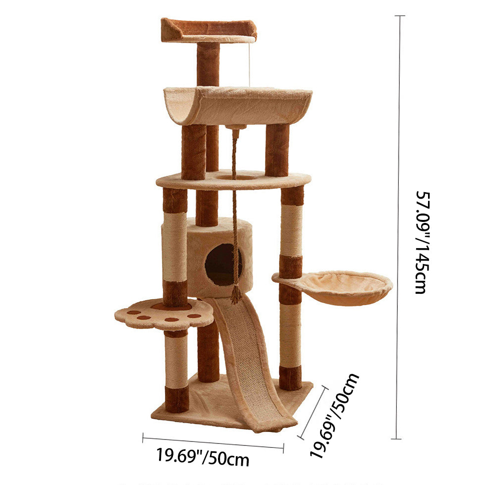 Modern Minimalist Particle Board Velvet Cardboard Tube Sisal Rope Square Cat Tree & Condo 1-Hammock 3-Condo 4-Scratching Post 1-Ladder 2-Perch For Living Room Cuvalon