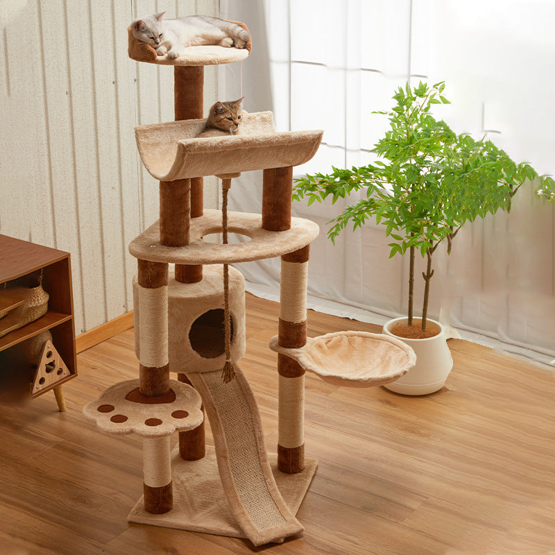 Modern Minimalist Particle Board Velvet Cardboard Tube Sisal Rope Square Cat Tree & Condo 1-Hammock 3-Condo 4-Scratching Post 1-Ladder 2-Perch For Living Room Cuvalon