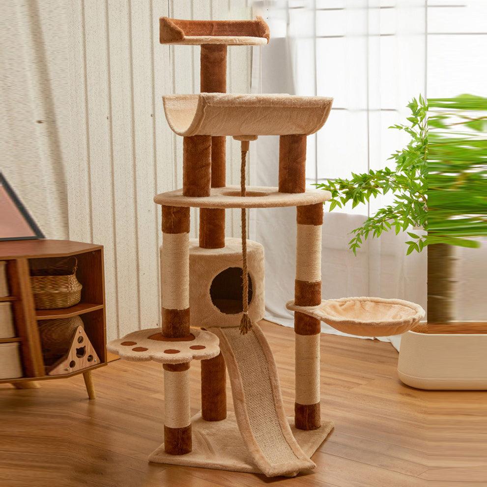 Modern Minimalist Particle Board Velvet Cardboard Tube Sisal Rope Square Cat Tree & Condo 1-Hammock 3-Condo 4-Scratching Post 1-Ladder 2-Perch For Living Room Cuvalon