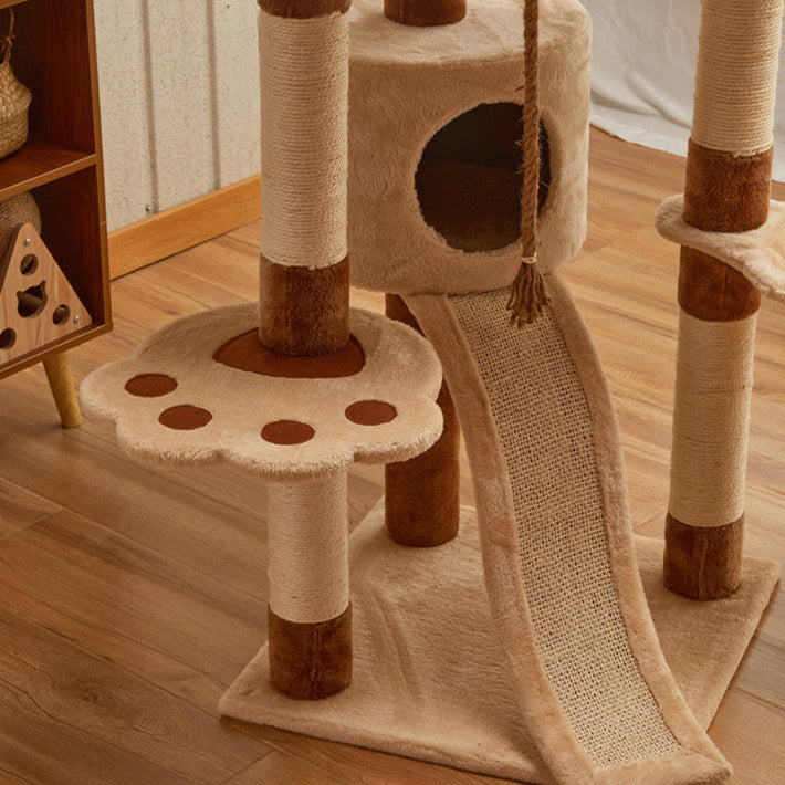Modern Minimalist Particle Board Velvet Cardboard Tube Sisal Rope Square Cat Tree & Condo 1-Hammock 3-Condo 4-Scratching Post 1-Ladder 2-Perch For Living Room Cuvalon