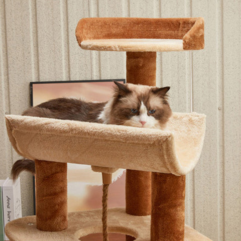 Modern Minimalist Particle Board Velvet Cardboard Tube Sisal Rope Square Cat Tree & Condo 1-Hammock 3-Condo 4-Scratching Post 1-Ladder 2-Perch For Living Room Cuvalon