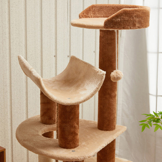 Modern Minimalist Particle Board Velvet Cardboard Tube Sisal Rope Square Cat Tree & Condo 1-Hammock 3-Condo 4-Scratching Post 1-Ladder 2-Perch For Living Room Cuvalon
