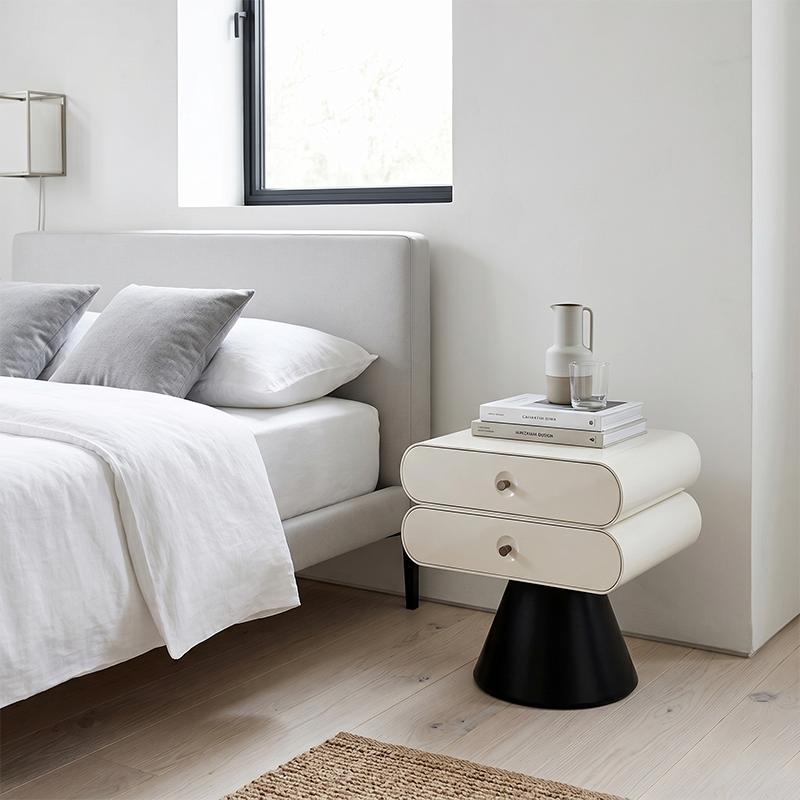 Contemporary Tapered Legs & Curved Edges Nightstand - Nordic Stylish Black And White Bedside Table With 2 Drawers For Bedroom Cuvalon