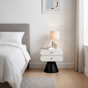 Contemporary Tapered Legs & Curved Edges Nightstand - Nordic Stylish Black And White Bedside Table With 2 Drawers For Bedroom Cuvalon