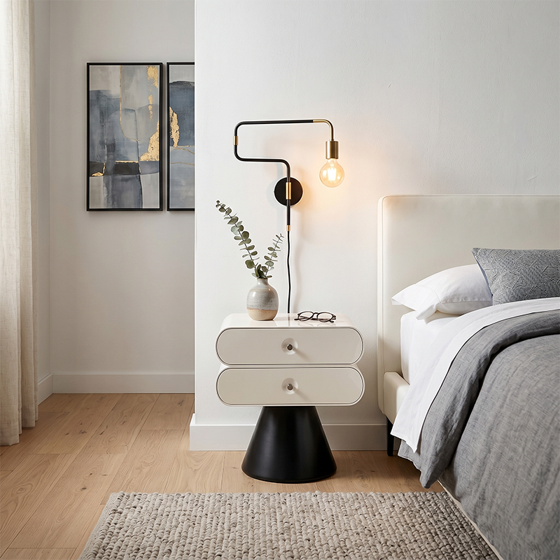 Contemporary Tapered Legs & Curved Edges Nightstand - Nordic Stylish Black And White Bedside Table With 2 Drawers For Bedroom Cuvalon