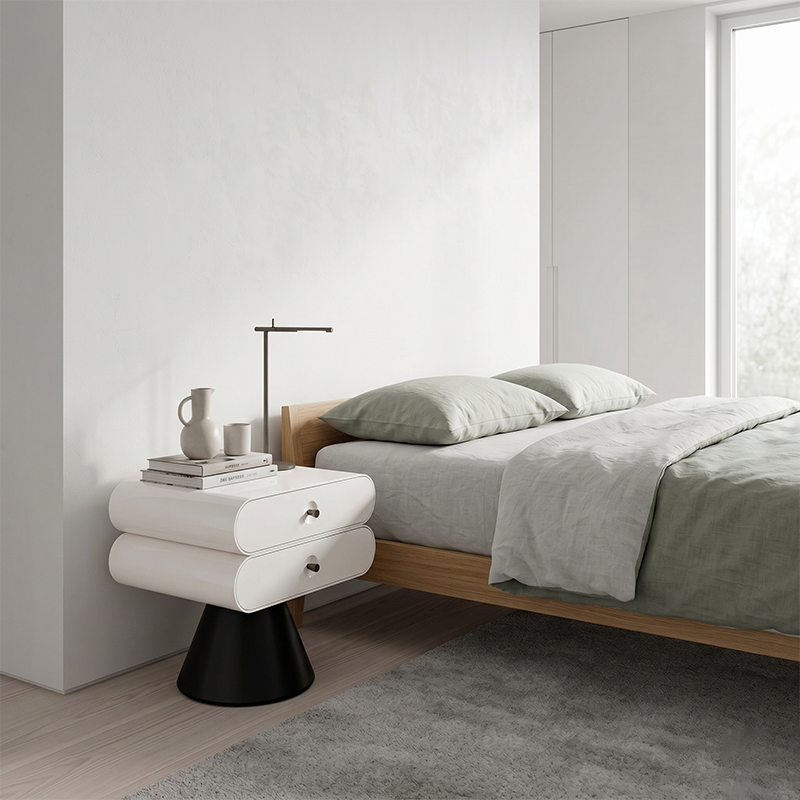Contemporary Tapered Legs & Curved Edges Nightstand - Nordic Stylish Black And White Bedside Table With 2 Drawers For Bedroom Cuvalon