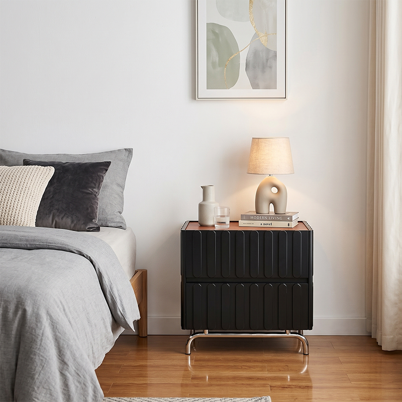 Sleek Vertical Stripes Design Nightstand - Nordic Bedside Table With Rectangular Design & 2 Spacious Drawers, Black & White Color Choices For Bedroom Cuvalon