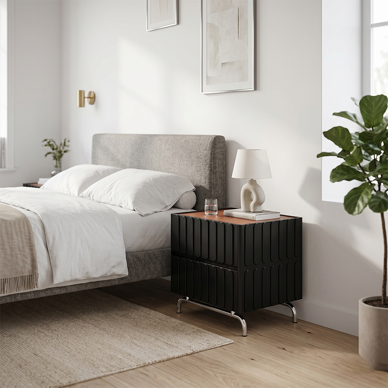 Sleek Vertical Stripes Design Nightstand - Nordic Bedside Table With Rectangular Design & 2 Spacious Drawers, Black & White Color Choices For Bedroom Cuvalon