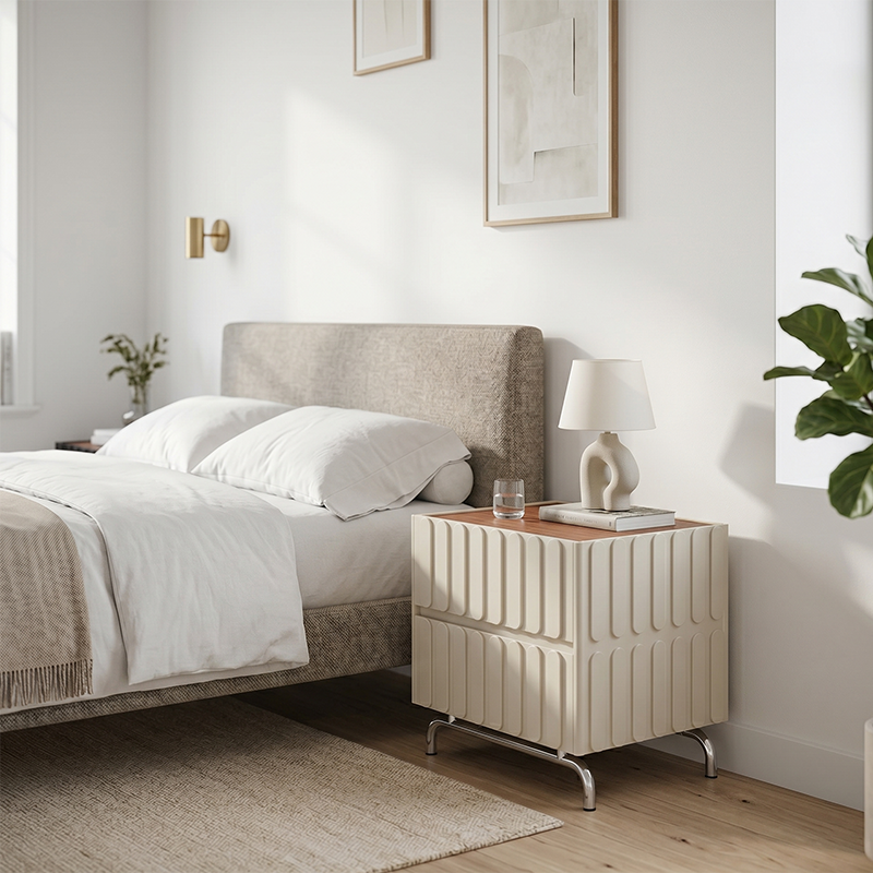 Sleek Vertical Stripes Design Nightstand - Nordic Bedside Table With Rectangular Design & 2 Spacious Drawers, Black & White Color Choices For Bedroom Cuvalon