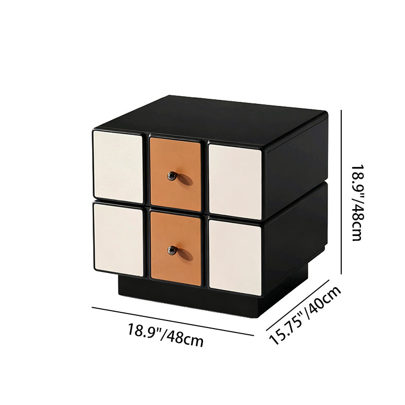 Contemporary Geometric MDF Nightstand - Retro Color Contrast Panels Bedside Table With 2 Drawers & Circular Handles For Bedroom Cuvalon
