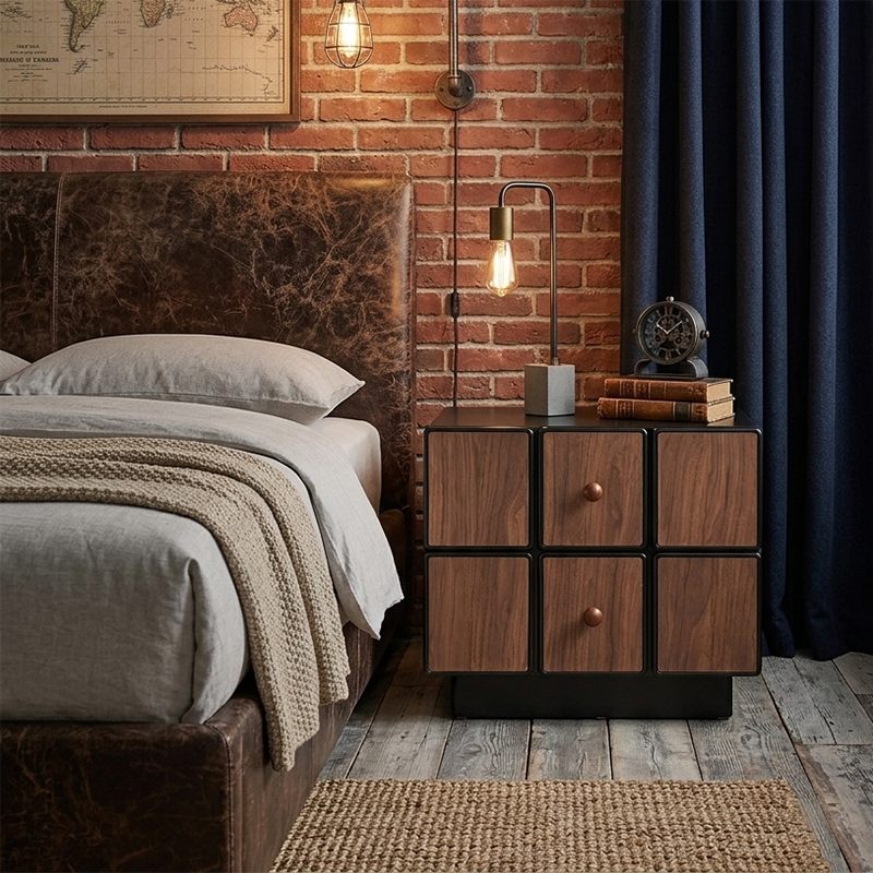 Contemporary Geometric MDF Nightstand - Retro Color Contrast Panels Bedside Table With 2 Drawers & Circular Handles For Bedroom Cuvalon
