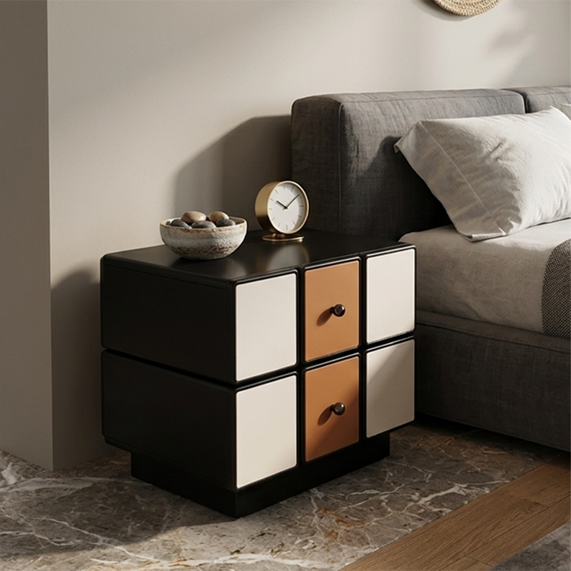 Contemporary Geometric MDF Nightstand - Retro Color Contrast Panels Bedside Table With 2 Drawers & Circular Handles For Bedroom Cuvalon