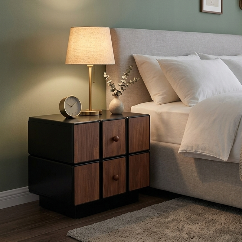 Contemporary Geometric MDF Nightstand - Retro Color Contrast Panels Bedside Table With 2 Drawers & Circular Handles For Bedroom Cuvalon