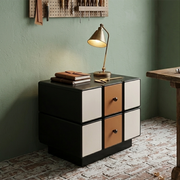 Contemporary Geometric MDF Nightstand - Retro Color Contrast Panels Bedside Table With 2 Drawers & Circular Handles For Bedroom Cuvalon