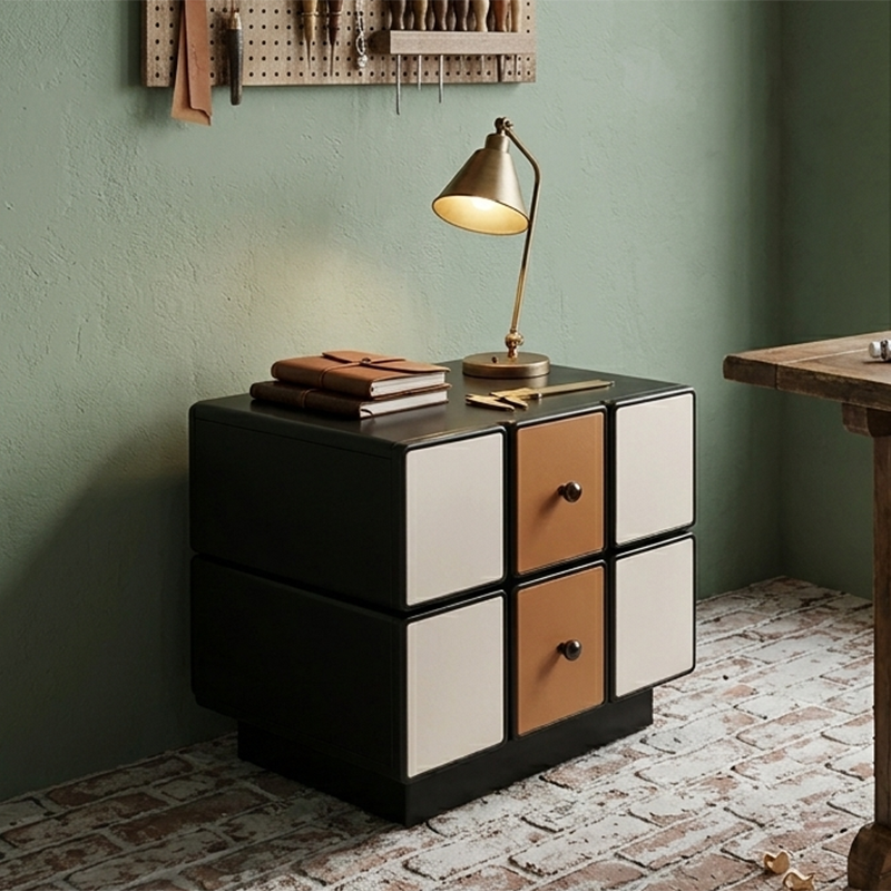 Contemporary Geometric MDF Nightstand - Retro Color Contrast Panels Bedside Table With 2 Drawers & Circular Handles For Bedroom Cuvalon