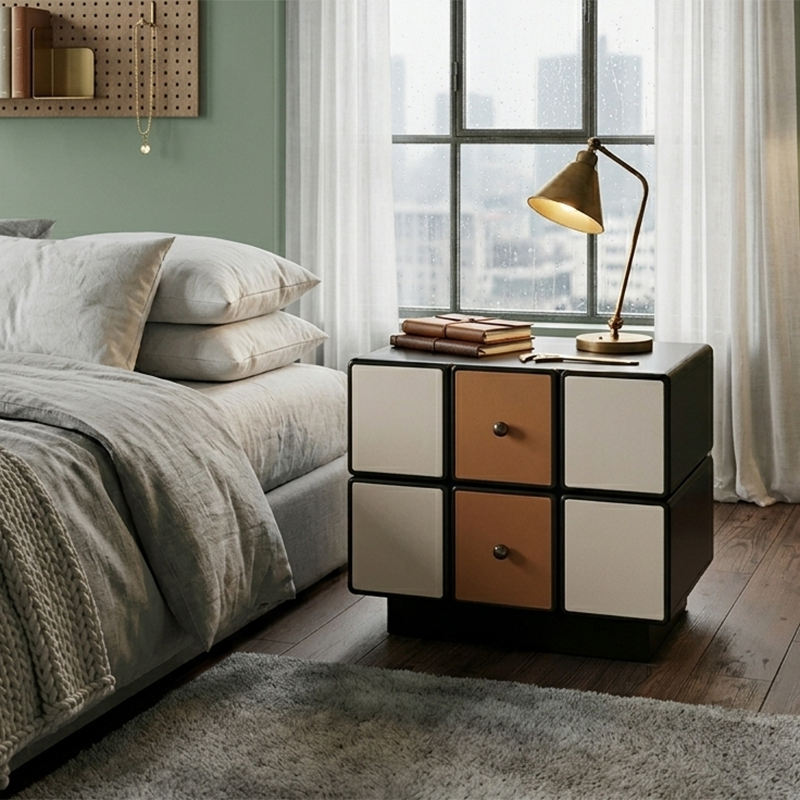 Contemporary Geometric MDF Nightstand - Retro Color Contrast Panels Bedside Table With 2 Drawers & Circular Handles For Bedroom Cuvalon