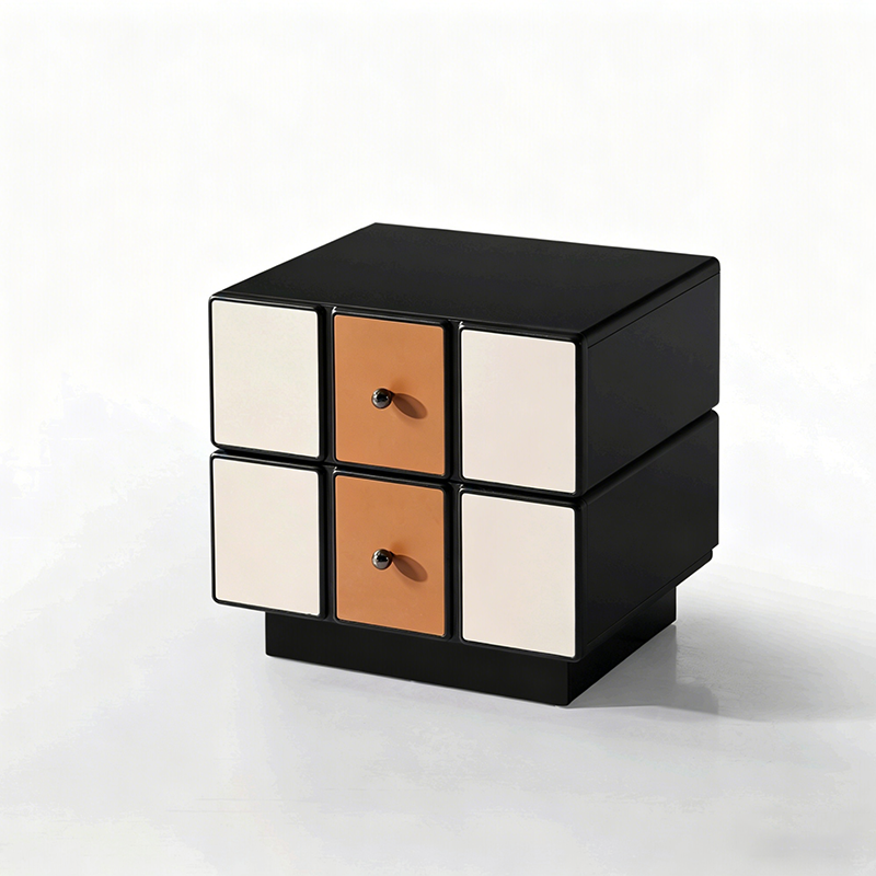 Contemporary Geometric MDF Nightstand - Retro Color Contrast Panels Bedside Table With 2 Drawers & Circular Handles For Bedroom Cuvalon