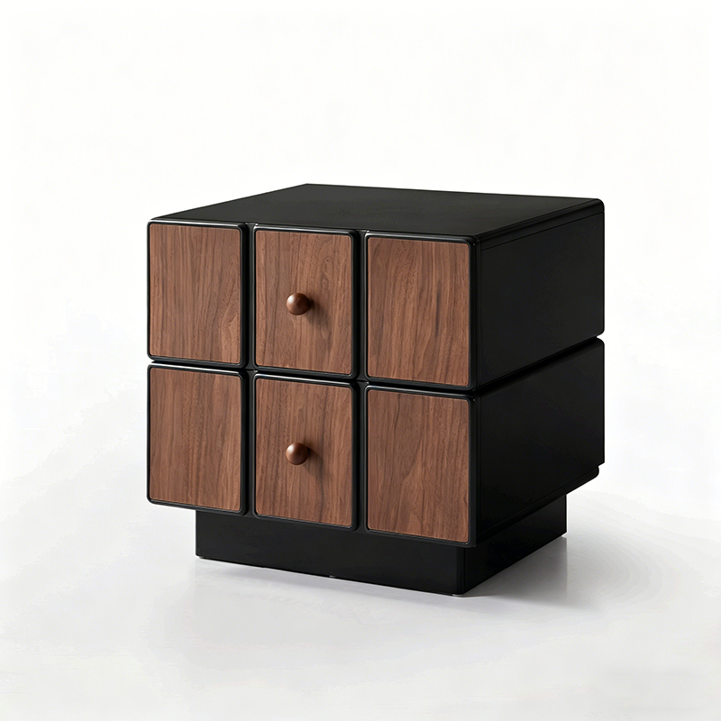 Contemporary Geometric MDF Nightstand - Retro Color Contrast Panels Bedside Table With 2 Drawers & Circular Handles For Bedroom Cuvalon