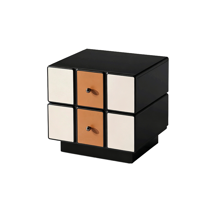 Contemporary Geometric MDF Nightstand - Retro Color Contrast Panels Bedside Table With 2 Drawers & Circular Handles For Bedroom Cuvalon