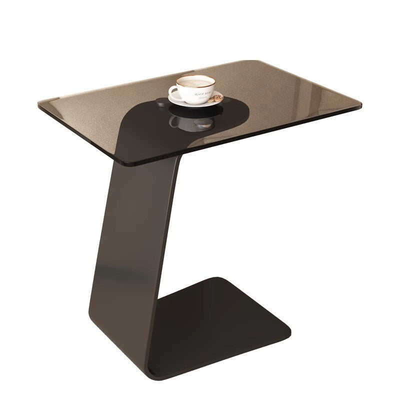 Modern Minimalist Tempered Glass & Carbon Steel Rectangular C-Shaped End Table With 2-Tier Design For Living Room And Bedroom Cuvalon