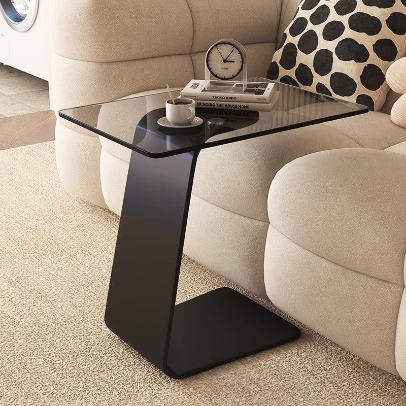 Modern Minimalist Tempered Glass & Carbon Steel Rectangular C-Shaped End Table With 2-Tier Design For Living Room And Bedroom Cuvalon