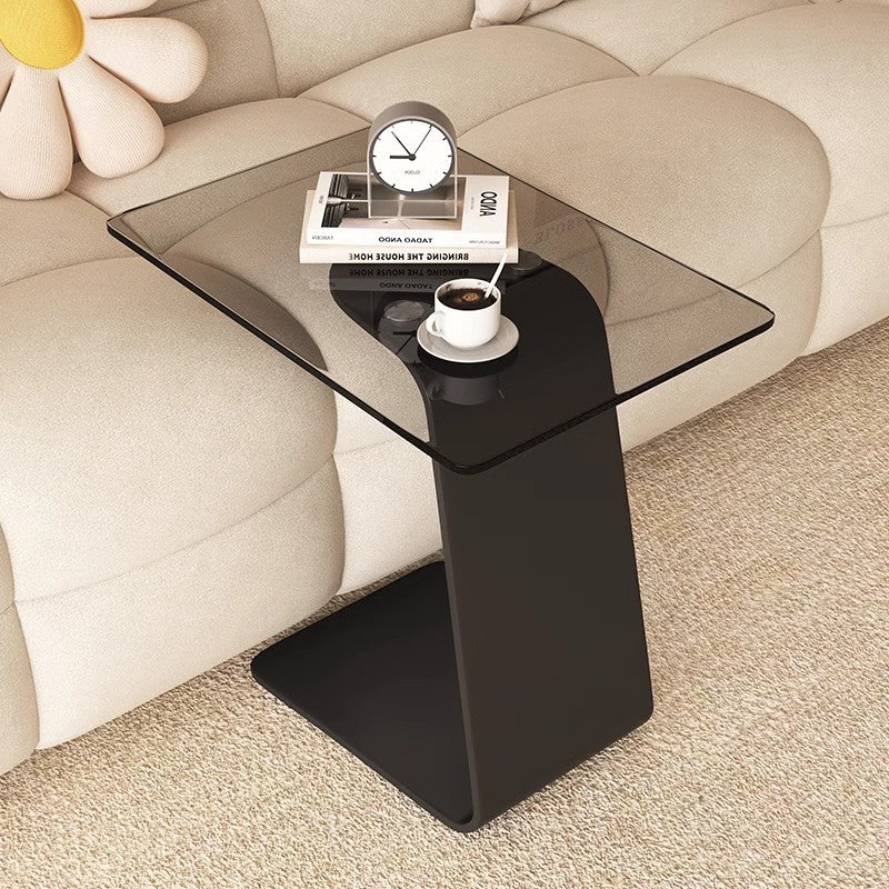 Modern Minimalist Tempered Glass & Carbon Steel Rectangular C-Shaped End Table With 2-Tier Design For Living Room And Bedroom Cuvalon