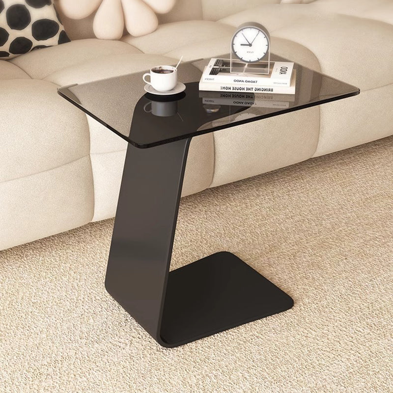 Modern Minimalist Tempered Glass & Carbon Steel Rectangular C-Shaped End Table With 2-Tier Design For Living Room And Bedroom Cuvalon