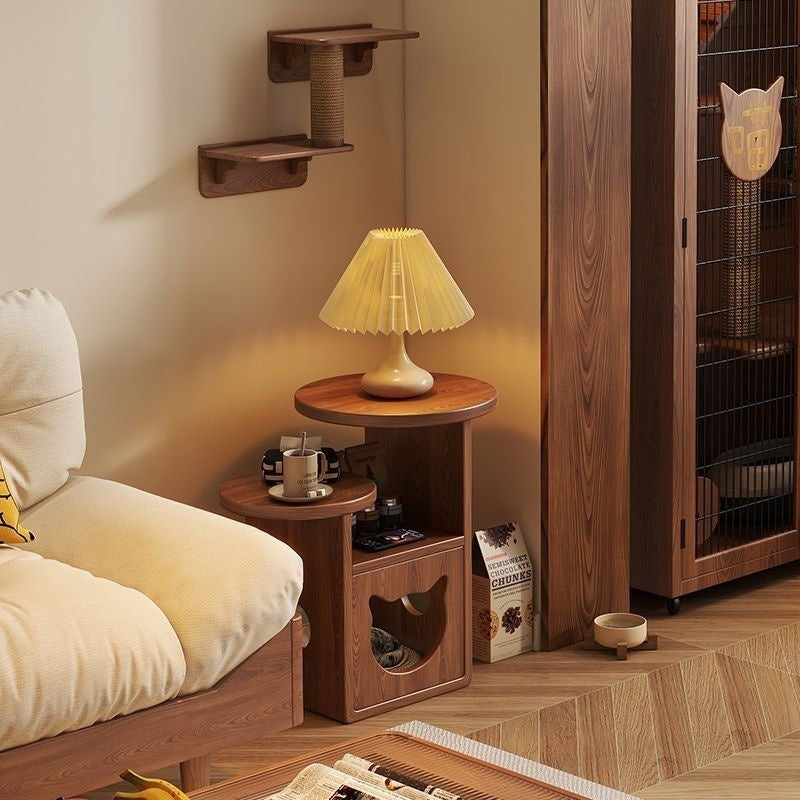 Contemporary Creative Round Cat Beds Pine Wood Nightstand 3-Tier For Bedroom Cuvalon