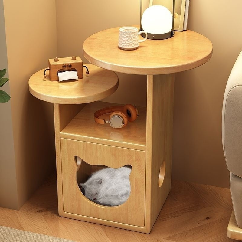 Contemporary Creative Round Cat Beds Pine Wood Nightstand 3-Tier For Bedroom Cuvalon
