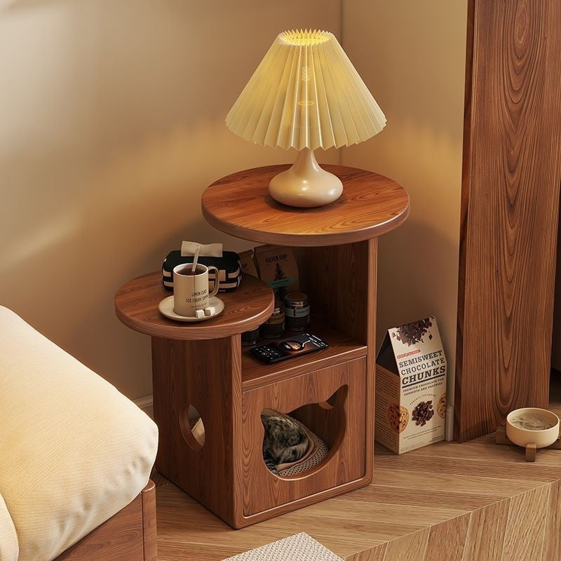 Contemporary Creative Round Cat Beds Pine Wood Nightstand 3-Tier For Bedroom Cuvalon