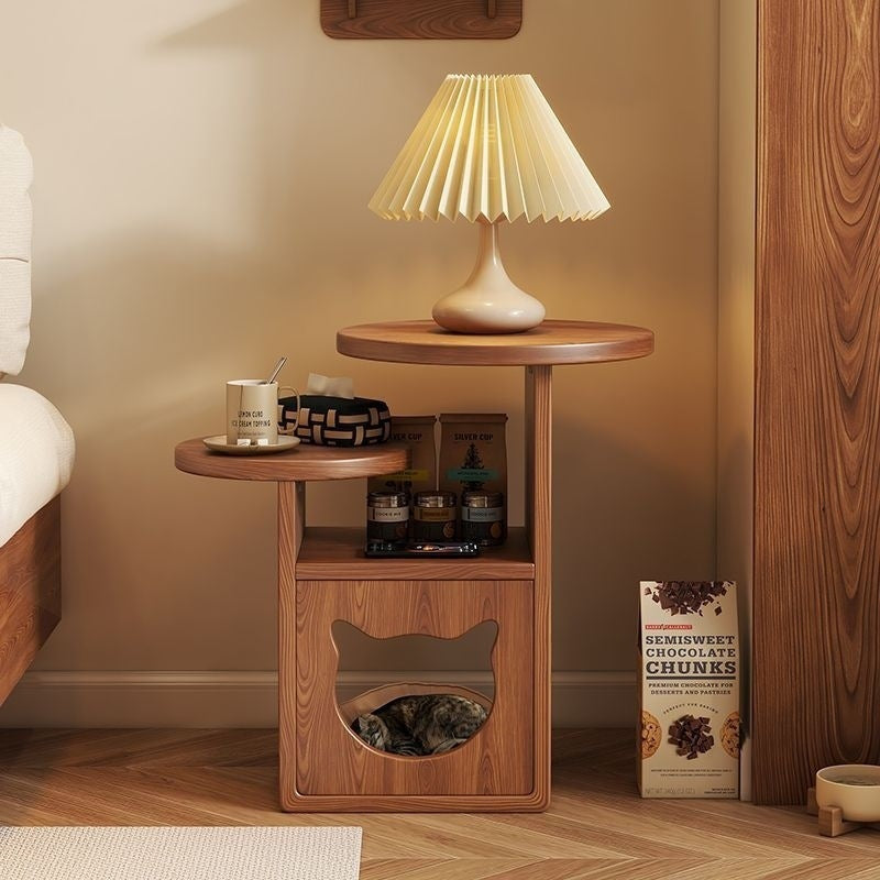 Contemporary Creative Round Cat Beds Pine Wood Nightstand 3-Tier For Bedroom Cuvalon