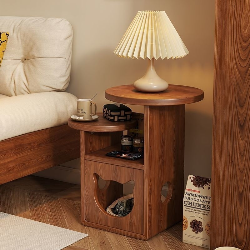 Contemporary Creative Round Cat Beds Pine Wood Nightstand 3-Tier For Bedroom Cuvalon