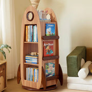 Contemporary Creative Solid Wood Rocket-Shaped Swivel Bookshelf With 4-Tier Storage For Living Room & Bedroom Cuvalon