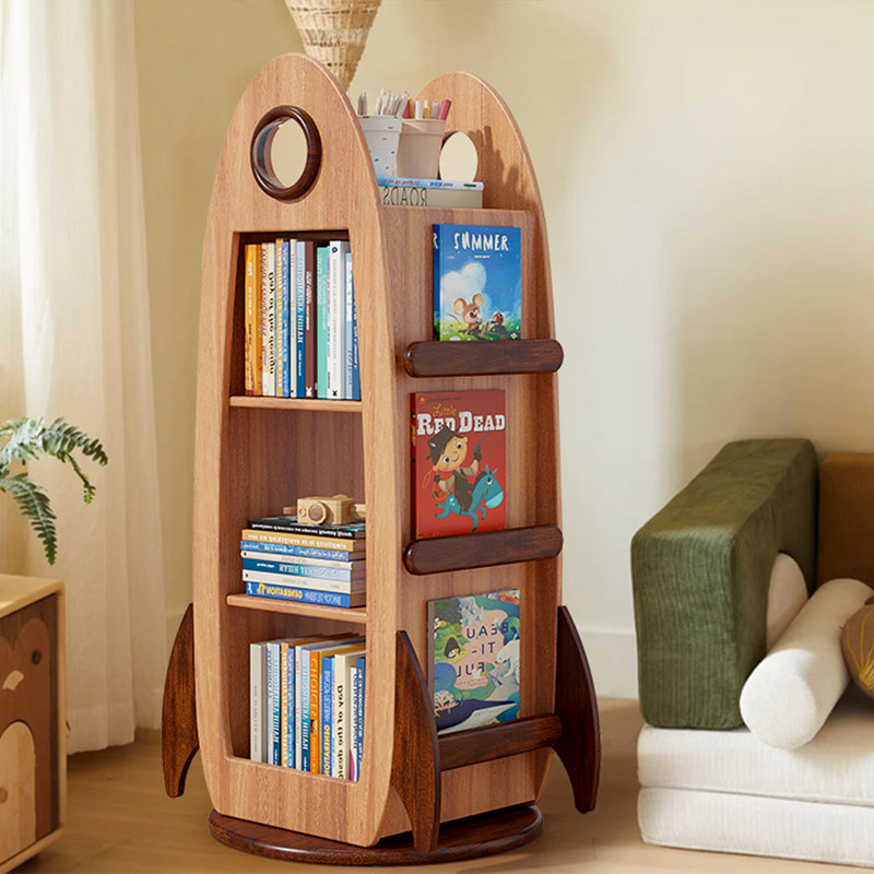 Contemporary Creative Solid Wood Rocket-Shaped Swivel Bookshelf With 4-Tier Storage For Living Room & Bedroom Cuvalon